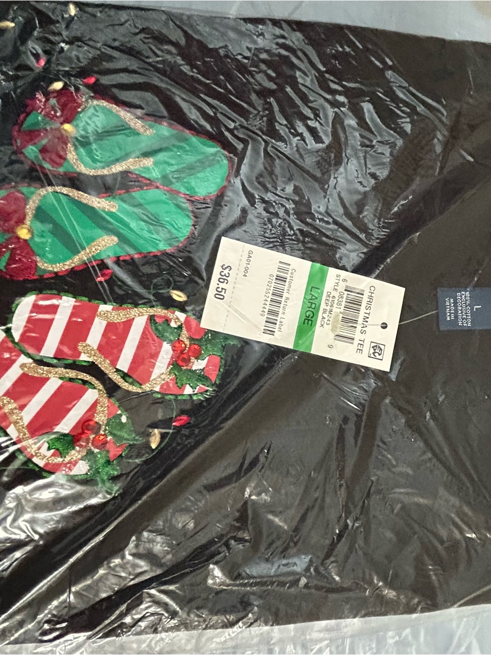 Karen Scott Black Long Sleeve Tee with Green and Red Flip-Flop Holiday Appliqué